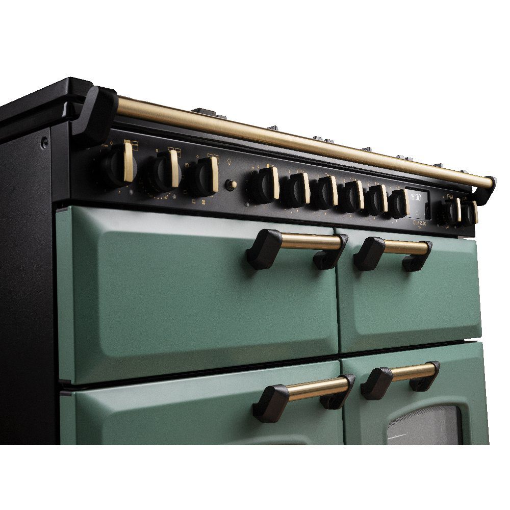Rangemaster Classic Deluxe BC 110cm Dual Fuel Range Cooker Antique Brass Trim 18366 CLDLB110DFPMGR/AB1 - Mineral Green Rangemaster Classic Deluxe BC 110cm Dual Fuel Range Cooker Antique Brass Trim 18366 CLDLB110DFPMGR/AB1 - Mineral Green