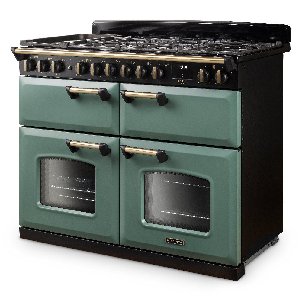 Rangemaster Classic Deluxe BC 110cm Dual Fuel Range Cooker Antique Brass Trim 18366 CLDLB110DFPMGR/AB1 - Mineral Green Rangemaster Classic Deluxe BC 110cm Dual Fuel Range Cooker Antique Brass Trim 18366 CLDLB110DFPMGR/AB1 - Mineral Green
