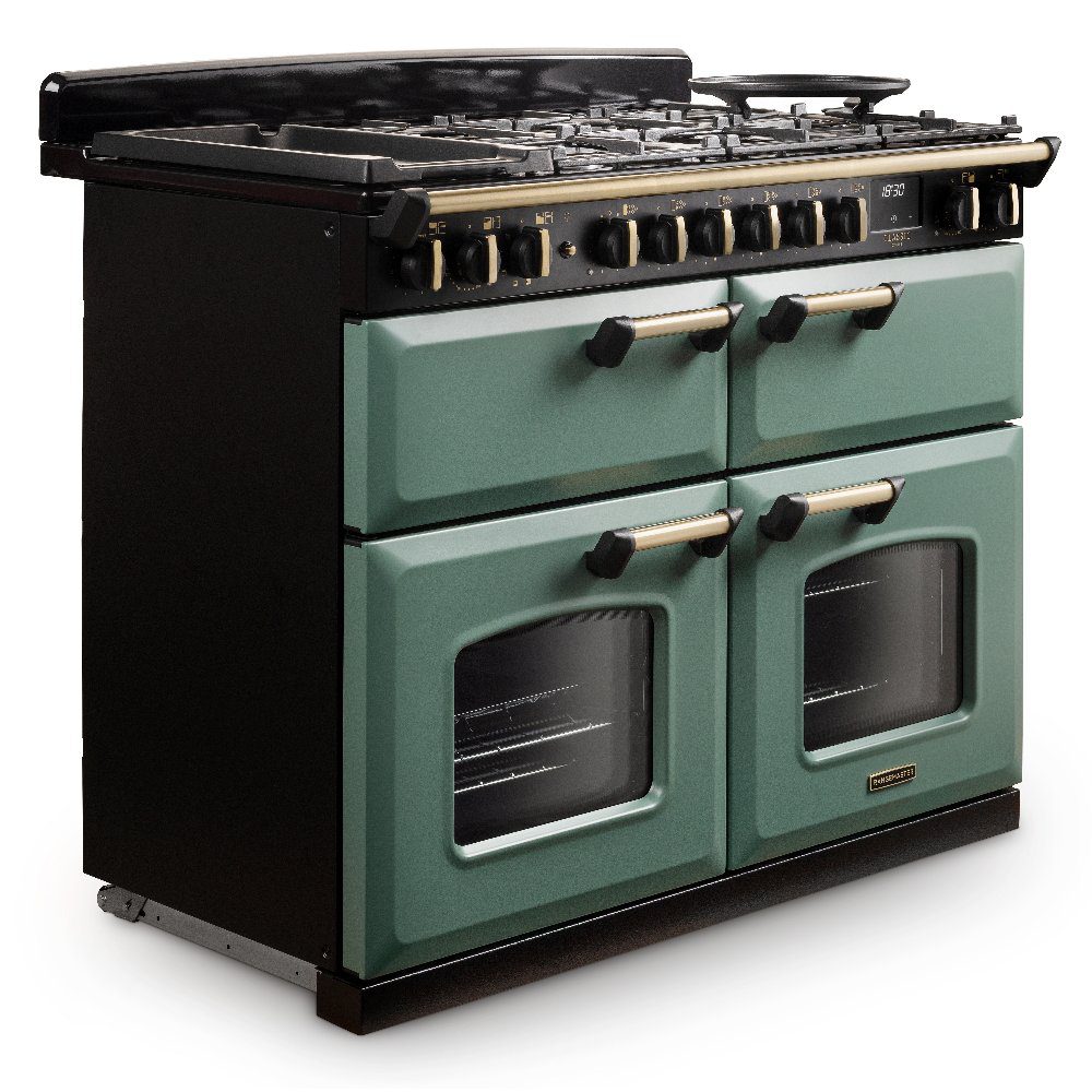Rangemaster Classic Deluxe BC 110cm Dual Fuel Range Cooker Antique Brass Trim 18366 CLDLB110DFPMGR/AB1 - Mineral Green Rangemaster Classic Deluxe BC 110cm Dual Fuel Range Cooker Antique Brass Trim 18366 CLDLB110DFPMGR/AB1 - Mineral Green