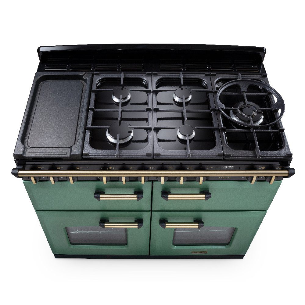 Rangemaster Classic Deluxe BC 110cm Dual Fuel Range Cooker Antique Brass Trim 18366 CLDLB110DFPMGR/AB1 - Mineral Green Rangemaster Classic Deluxe BC 110cm Dual Fuel Range Cooker Antique Brass Trim 18366 CLDLB110DFPMGR/AB1 - Mineral Green