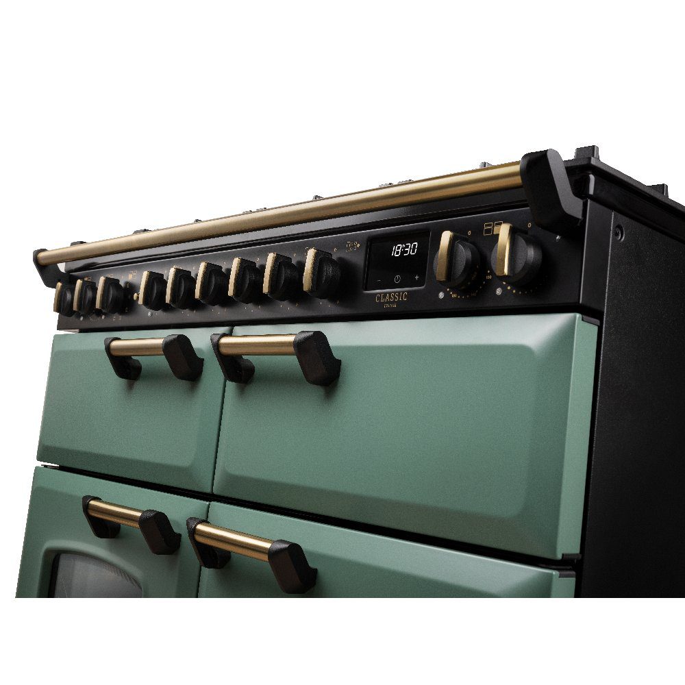 Rangemaster Classic Deluxe BC 110cm Dual Fuel Range Cooker Antique Brass Trim 18366 CLDLB110DFPMGR/AB1 - Mineral Green Rangemaster Classic Deluxe BC 110cm Dual Fuel Range Cooker Antique Brass Trim 18366 CLDLB110DFPMGR/AB1 - Mineral Green