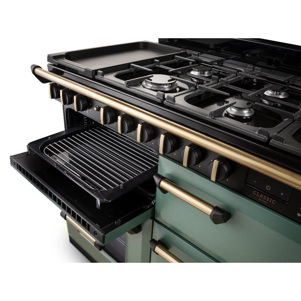 Rangemaster Classic Deluxe BC 110cm Dual Fuel Range Cooker Antique Brass Trim 18366 CLDLB110DFPMGR/AB1 - Mineral Green Rangemaster Classic Deluxe BC 110cm Dual Fuel Range Cooker Antique Brass Trim 18366 CLDLB110DFPMGR/AB1 - Mineral Green