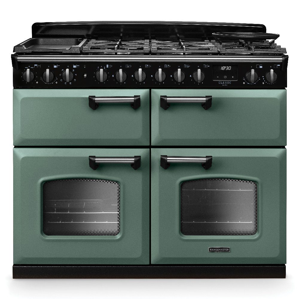 Rangemaster  Classic Deluxe BC 110cm Dual Fuel Range Cooker Chrome Trim 14877 CLDLB110DFPMGR/CM1 - Mineral Green