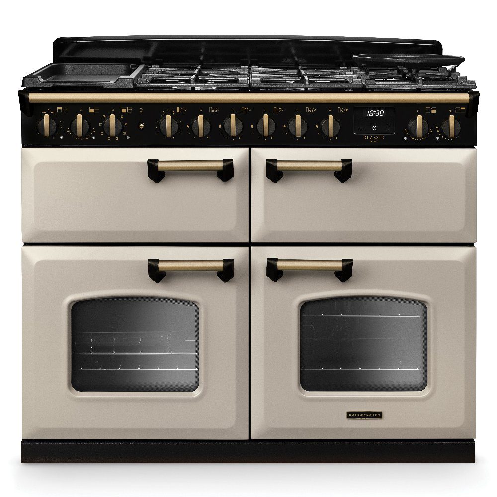 Rangemaster  Classic Deluxe BC 110cm Dual Fuel Range Cooker Antique Brass Trim 18368 CLDLB110DFPPCR/AB1 - Pale Cream