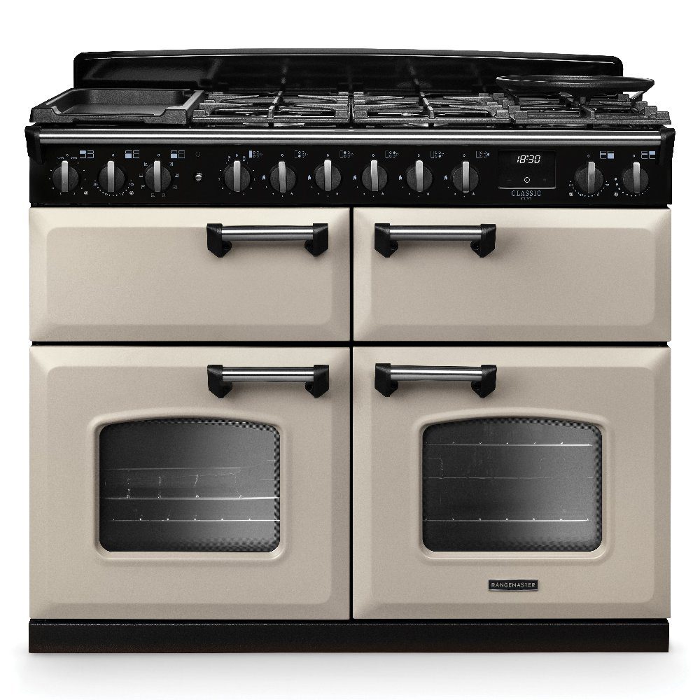 Rangemaster  Classic Deluxe BC 110cm Dual Fuel Range Cooker Chrome Trim 14879 CLDLB110DFPPCR/CM1 - Pale Cream