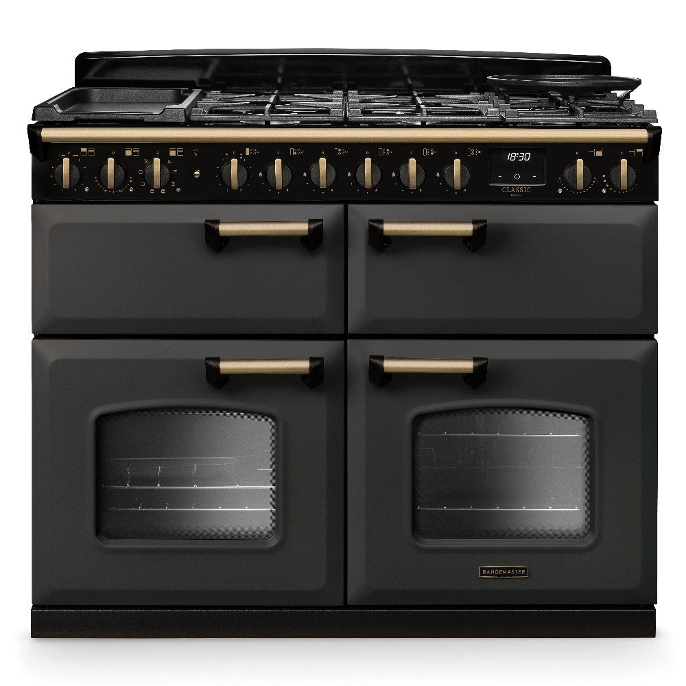 Rangemaster  Classic Deluxe BC 110cm Dual Fuel Range Cooker Antique Brass Trim 18365 CLDLB110DFPSLT/AB1 - Slate