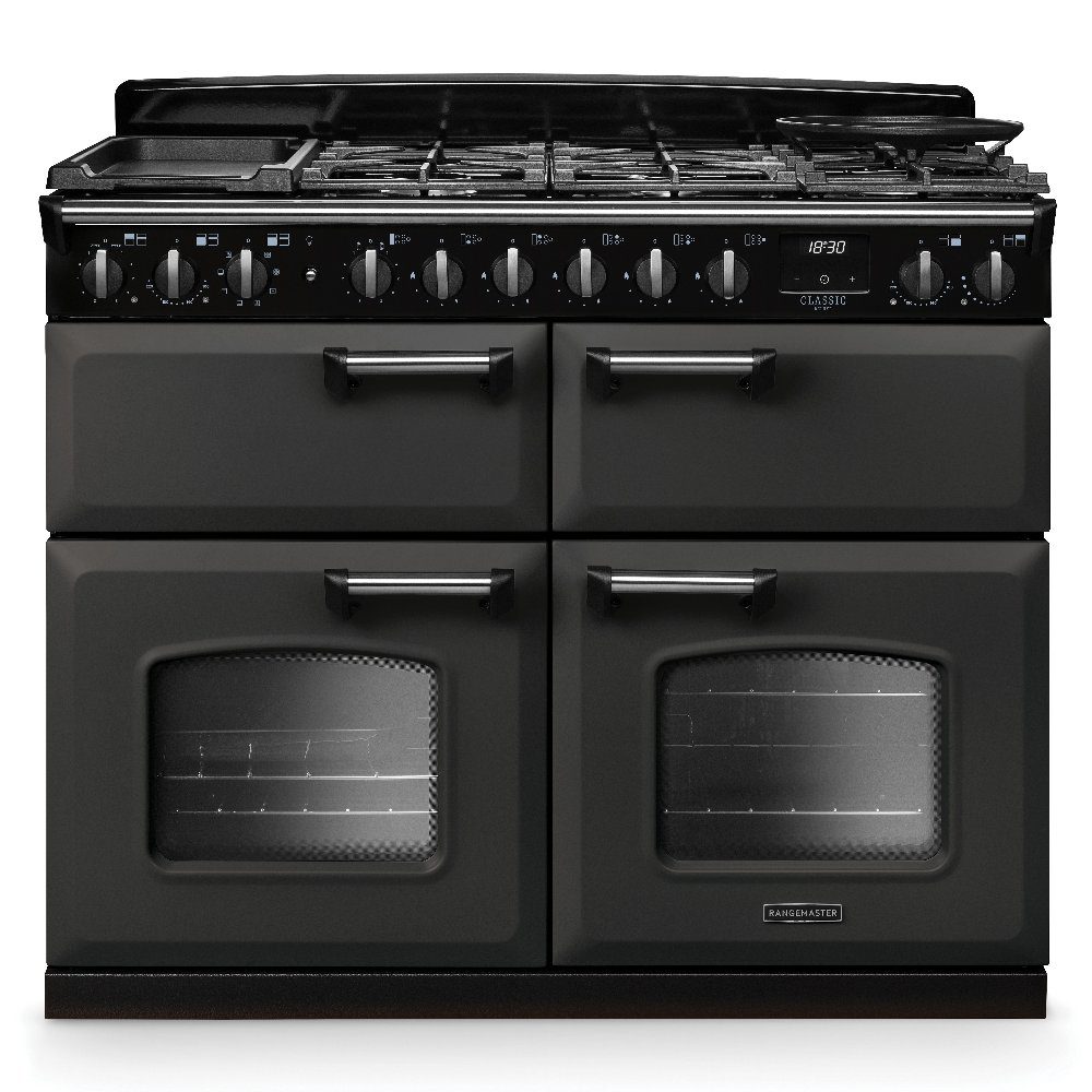 Rangemaster  Classic Deluxe BC 110cm Dual Fuel Range Cooker Chrome Trim 14876 CLDLB110DFPSLT/CM1 - Slate