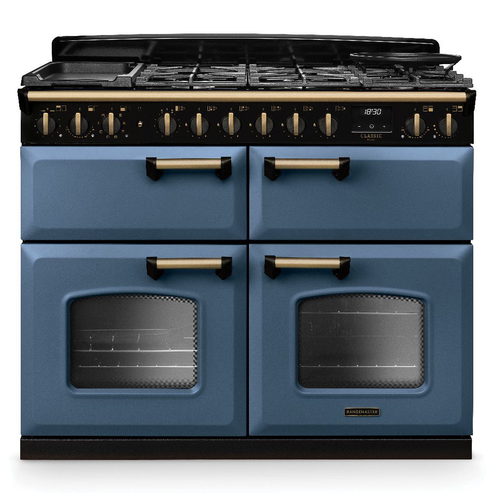 Rangemaster  Classic Deluxe BC 110cm Dual Fuel Range Cooker Antique Brass Trim 18367 CLDLB110DFPSTB/AB1 - Stone Blue