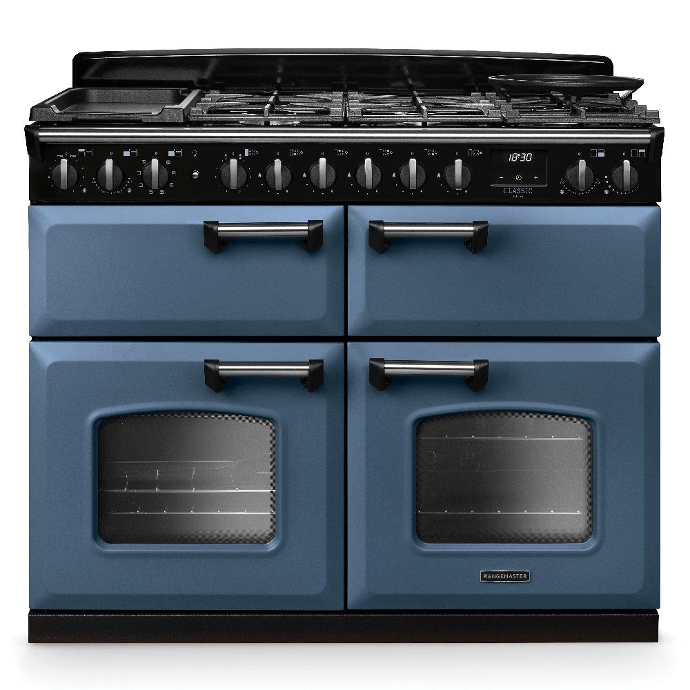 Rangemaster  Classic Deluxe BC 110cm Dual Fuel Range Cooker Chrome Trim 14878 CLDLB110DFPSTB/CM1 - Stone Blue