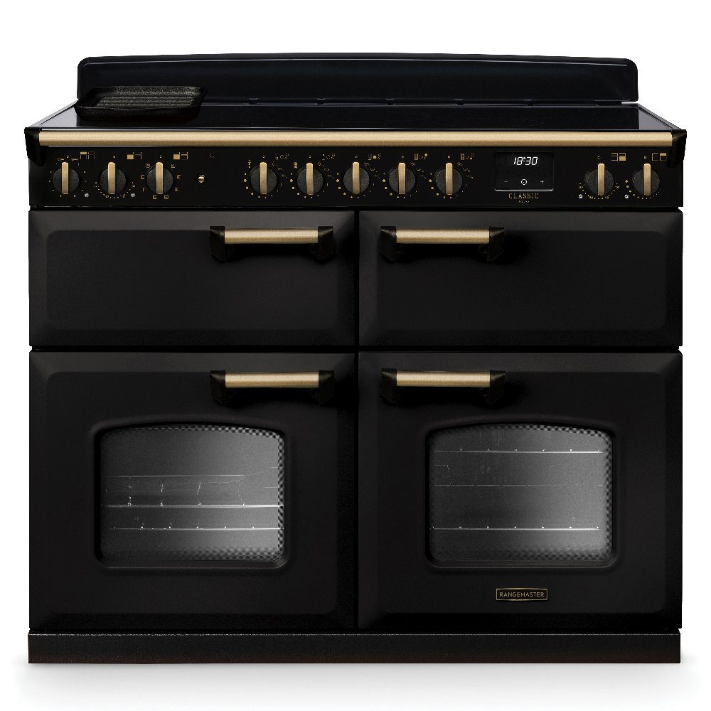 Rangemaster  Classic Deluxe BC 110cm Induction Range Cooker Antique Brass Trim 18384 CLDLB110EIPCBL/AB1 - Charcoal Black