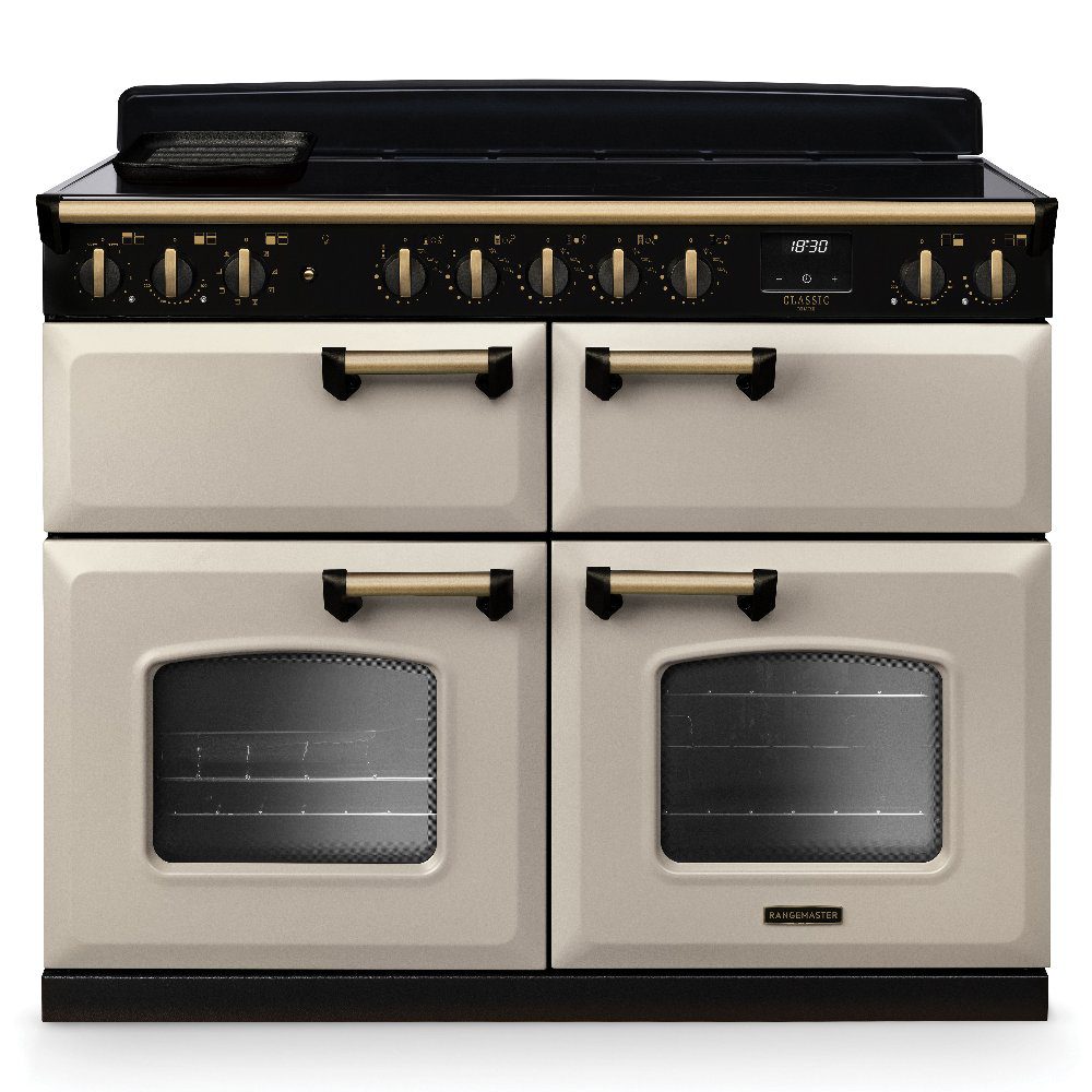 Rangemaster  Classic Deluxe BC 110cm Induction Range Cooker Antique Brass Trim 18388 CLDLB110EIPPCR/AB1 - Pale Cream