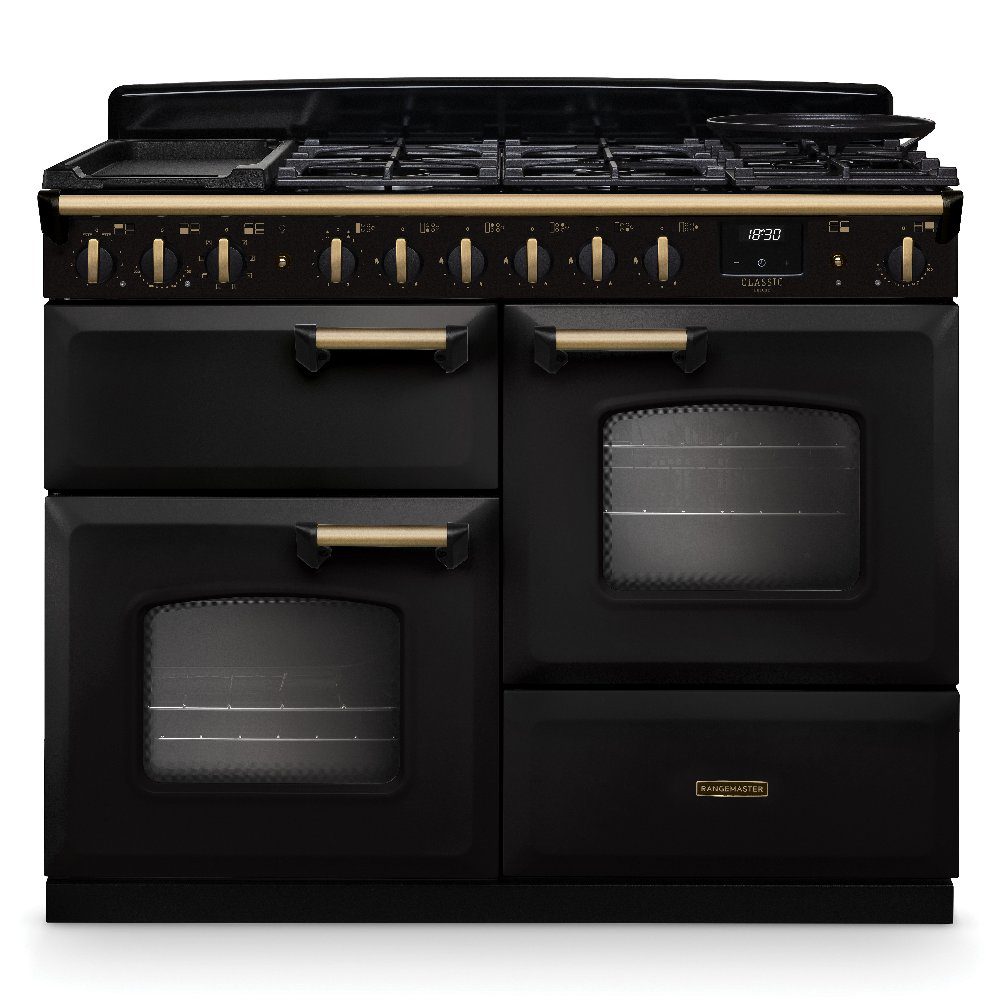 Rangemaster  Classic Deluxe OC 110cm Dual Fuel Range Cooker Antique Brass Trim 18324 CLDLO110DFPCBL/AB1 - Charcoal Black