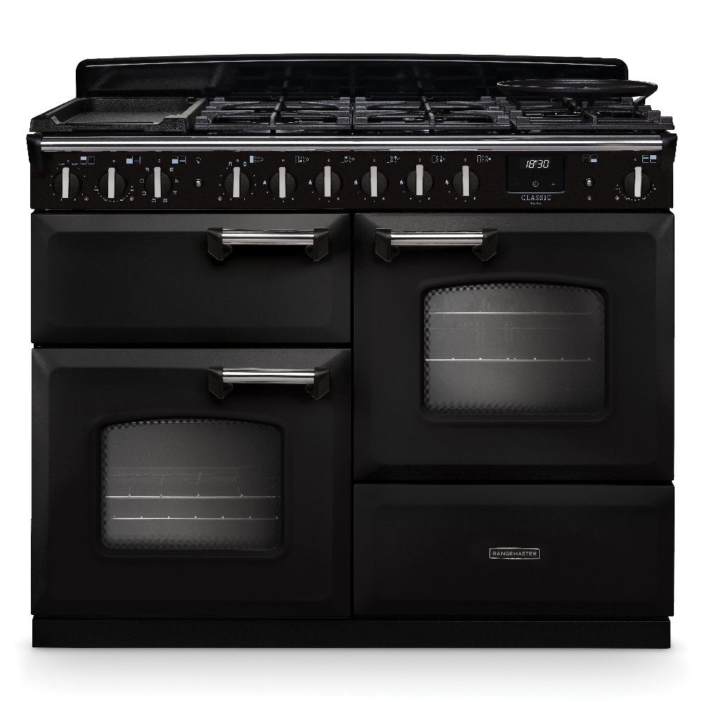 Rangemaster  Classic Deluxe OC 110cm Dual Fuel Range Cooker Chrome Trim 14707 CLDLO110DFPCBL/CM1 - Charcoal Black