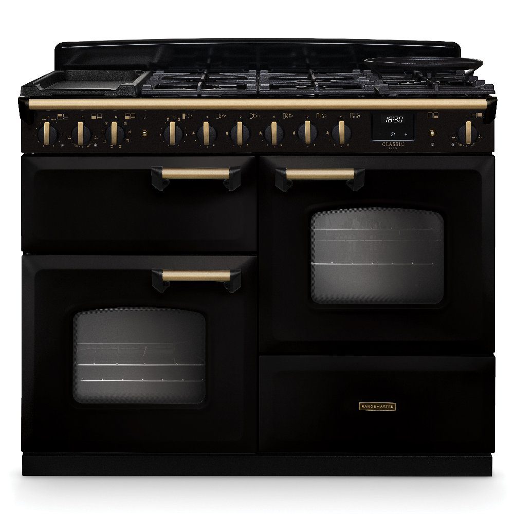 Rangemaster  Classic Deluxe OC 110cm Dual Fuel Range Cooker Antique Brass Trim 18323 CLDLO110DFPGBL/AB1 - Black