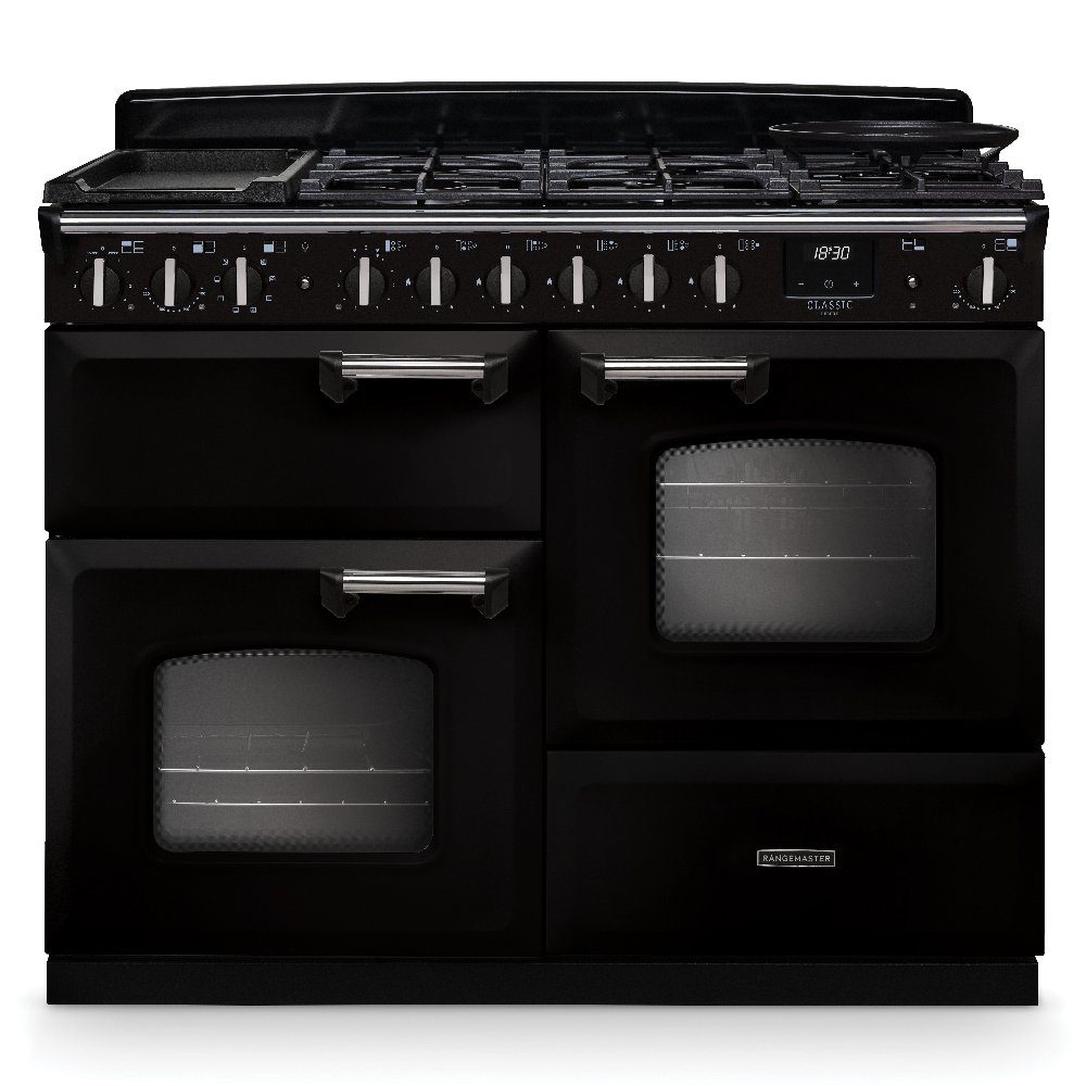 Rangemaster  Classic Deluxe OC 110cm Dual Fuel Range Cooker Chrome Trim 14706 CLDLO110DFPGBL/CM1 - Black
