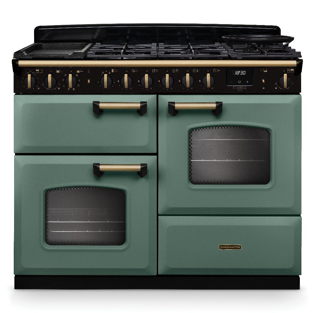 Rangemaster  Classic Deluxe OC 110cm Dual Fuel Range Cooker Antique Brass Trim 18326 CLDLO110DFPMGR/AB1 - Mineral Green
