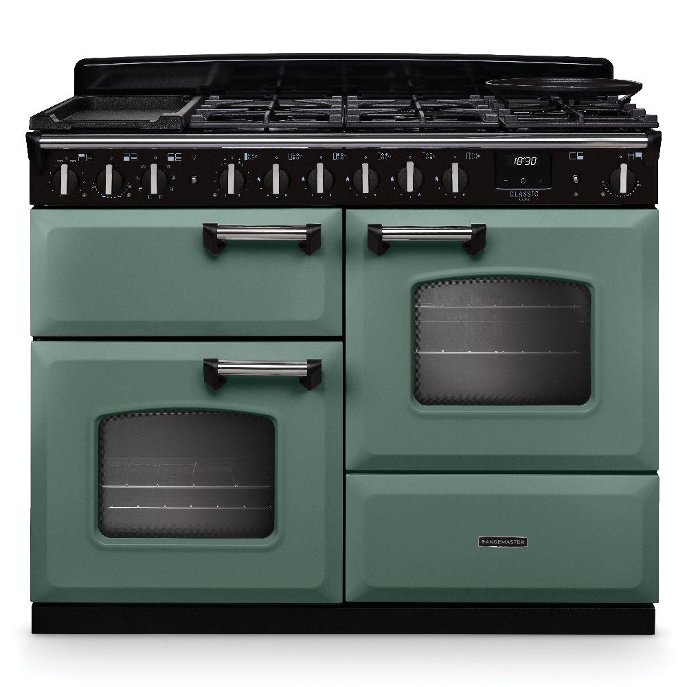Rangemaster  Classic Deluxe OC 110cm Dual Fuel Range Cooker Chrome Trim 14709 CLDLO110DFPMGR/CM1 - Mineral Green