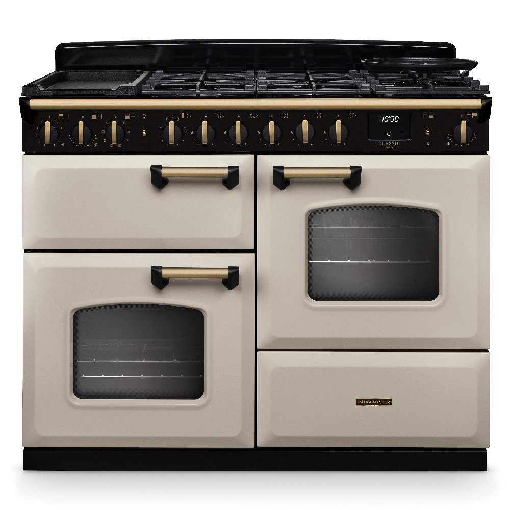 Rangemaster  Classic Deluxe OC 110cm Dual Fuel Range Cooker Antique Brass Trim 18328 CLDLO110DFPPCR/AB1 - Pale Cream