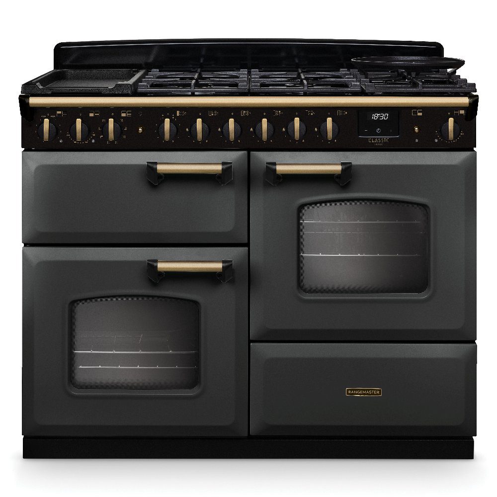 Rangemaster  Classic Deluxe OC 110cm Dual Fuel Range Cooker Antique Brass Trim 18325 CLDLO110DFPSLT/AB1 - Slate