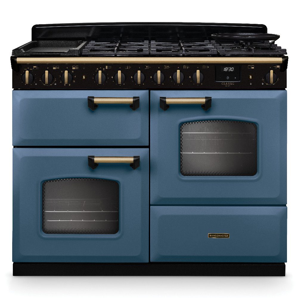 Rangemaster  Classic Deluxe OC 110cm Dual Fuel Range Cooker Antique Brass Trim 18327 CLDLO110DFPSTB/AB1 - Stone Blue