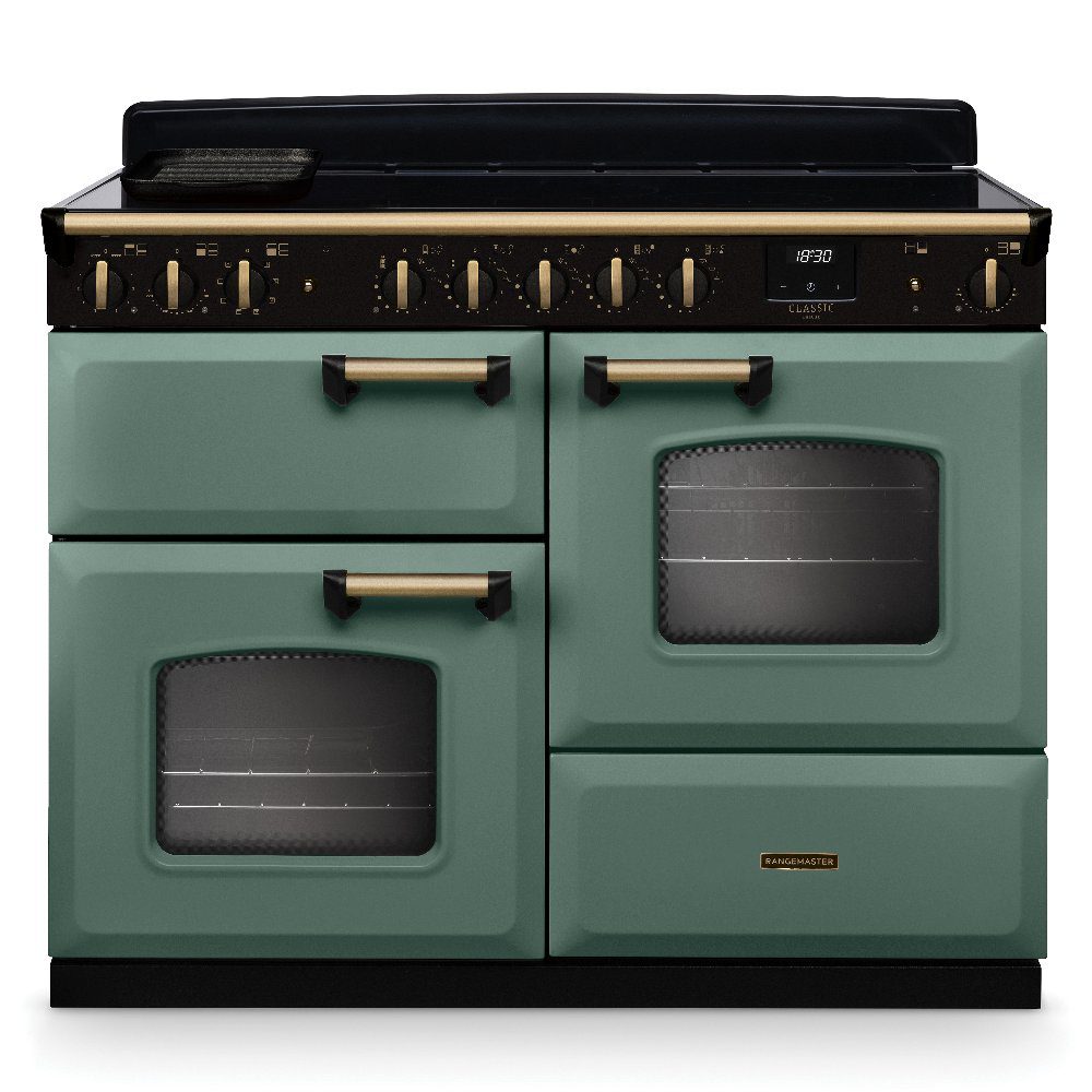 Rangemaster  Classic Deluxe OC 110cm Induction Range Cooker Antique Brass Trim 18346 CLDLO110EIPMGR/AB1 - Mineral Green