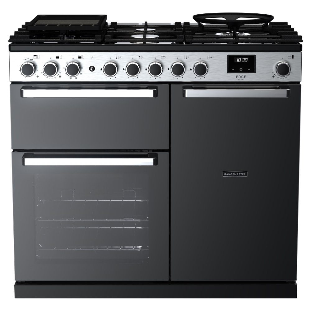 Rangemaster  Edge Deluxe 100cm Dual Fuel Range Cooker With Chrome Trim 15808 EDDL100DFGBLK/CM1 - Black