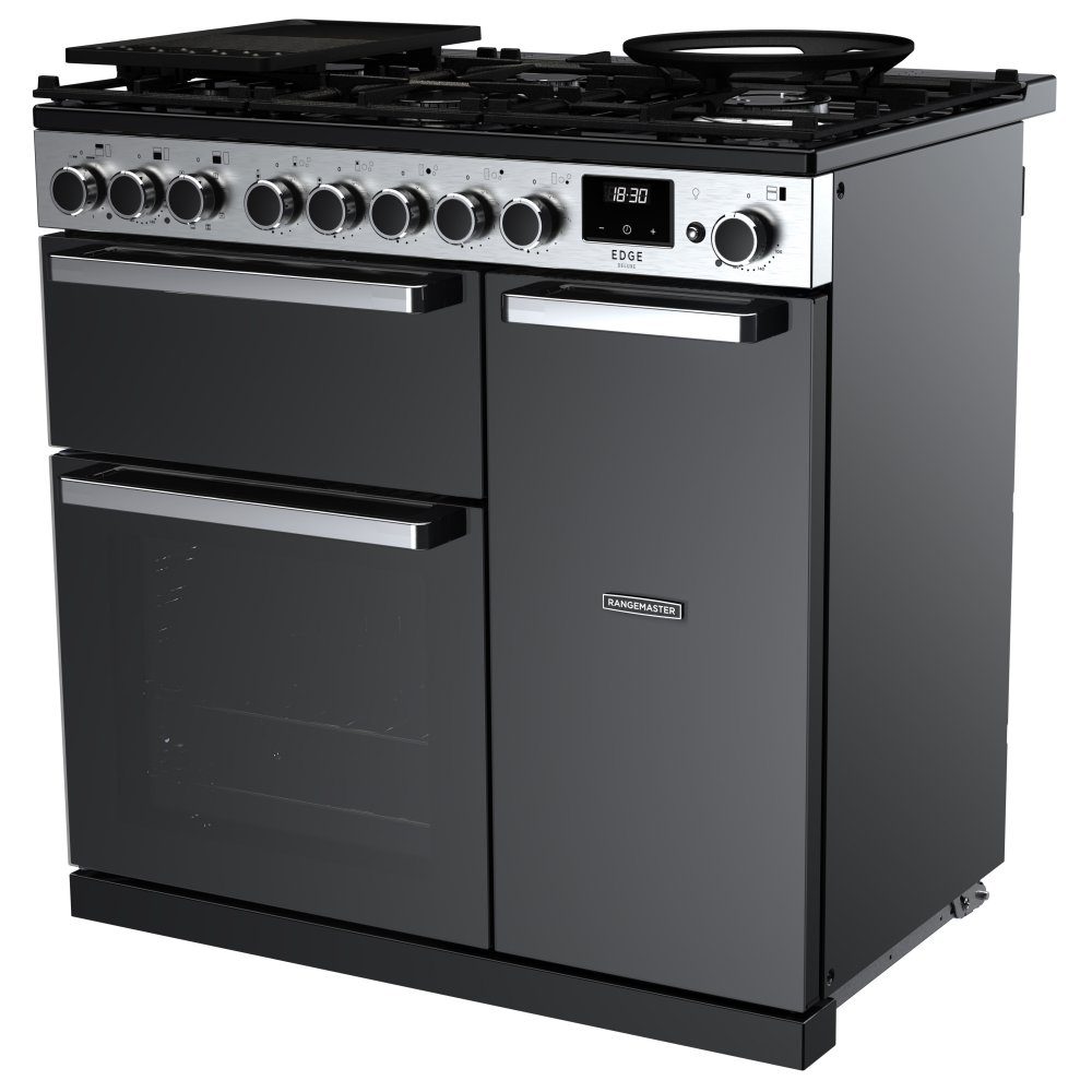 Rangemaster Edge Deluxe 90cm Dual Fuel Range Cooker With Chrome Trim 15796 EDDL90DFGBLK/CM1 - Black Rangemaster Edge Deluxe 90cm Dual Fuel Range Cooker With Chrome Trim 15796 EDDL90DFGBLK/CM1 - Black