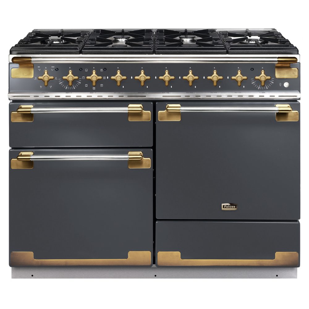 Rangemaster  Elise Luxe 110cm Dual Fuel Range Cooker With Antique Brass Trim ELS110DFFSL/AB – Slate