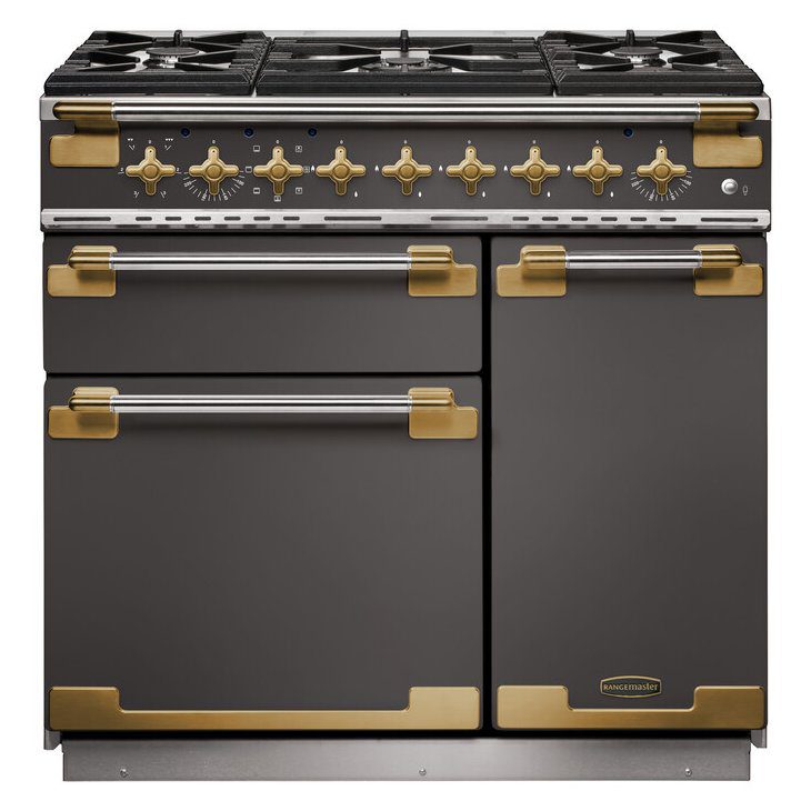 Rangemaster  Elise Luxe 90cm Dual Fuel Range Cooker With Antique Brass Trim /AB ELS90DFFSL/AB - Slate