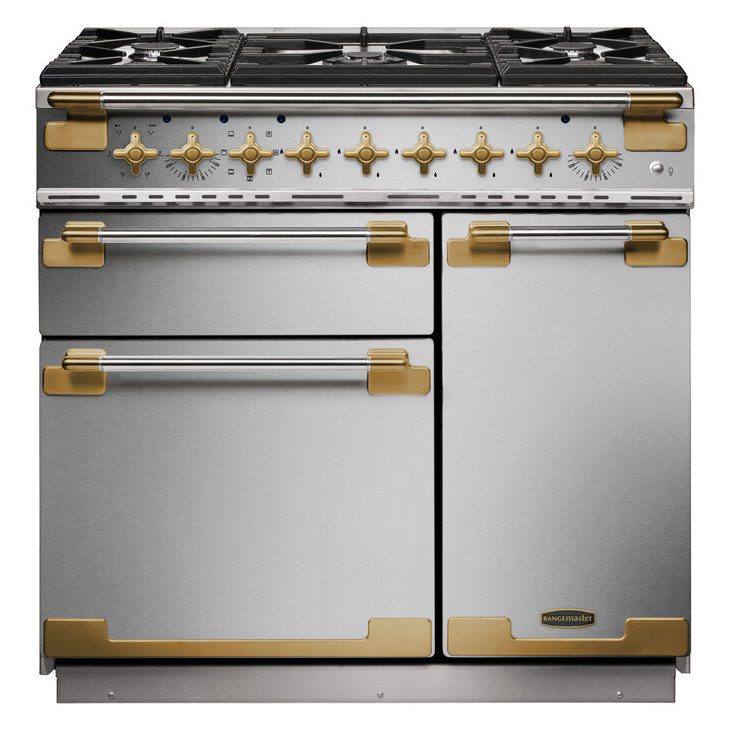 Rangemaster  Elise Luxe 90cm Dual Fuel Range Cooker With Antique Brass Trim /AB ELS90DFFSS/AB - Stainless Steel