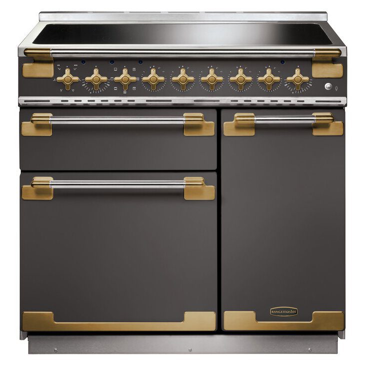 Rangemaster  Elise Luxe 90cm Induction Range Cooker With Antique Brass Trim ELS90EISL/AB – Slate