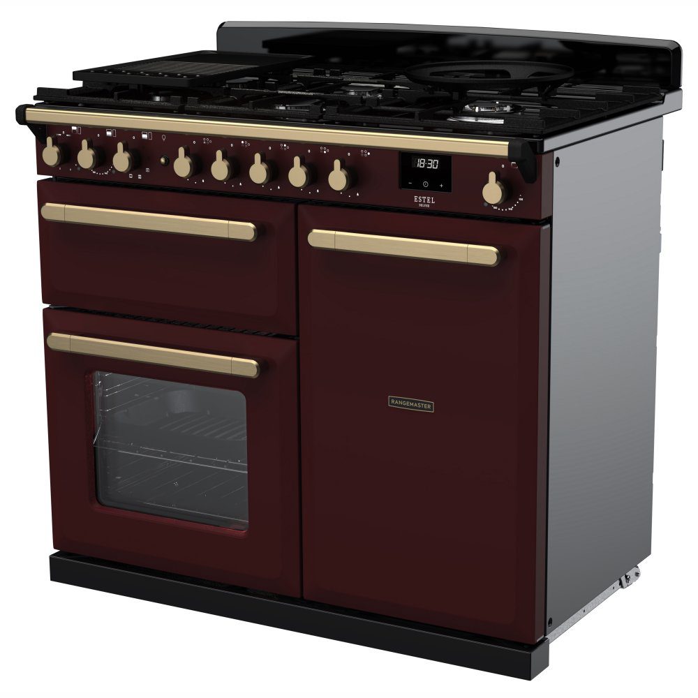 Rangemaster Estel Deluxe 100cm Dual Fuel Range Cooker With Antique Brass Trim 18077 ESDL100DFPBOR/AB1 - Bordeaux Rangemaster Estel Deluxe 100cm Dual Fuel Range Cooker With Antique Brass Trim 18077 ESDL100DFPBOR/AB1 - Bordeaux