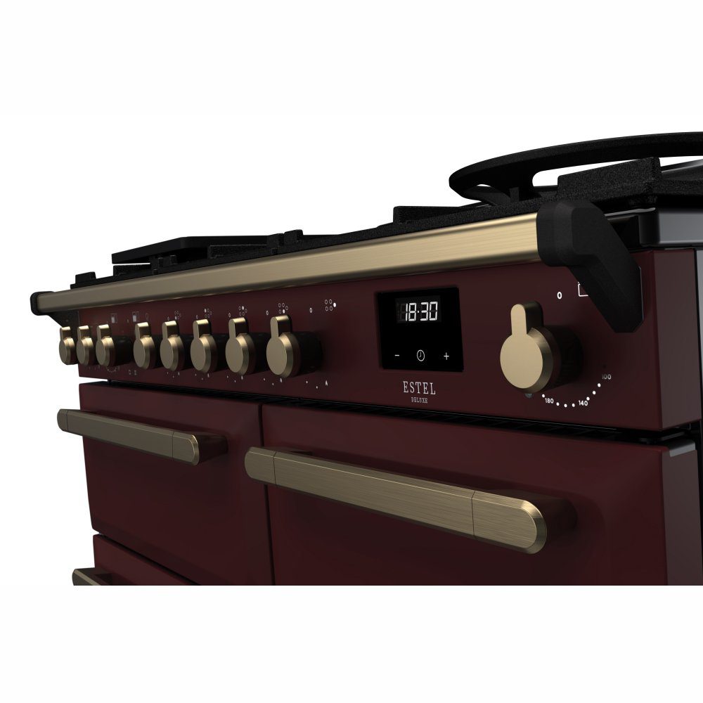 Rangemaster Estel Deluxe 100cm Dual Fuel Range Cooker With Antique Brass Trim 18077 ESDL100DFPBOR/AB1 - Bordeaux Rangemaster Estel Deluxe 100cm Dual Fuel Range Cooker With Antique Brass Trim 18077 ESDL100DFPBOR/AB1 - Bordeaux