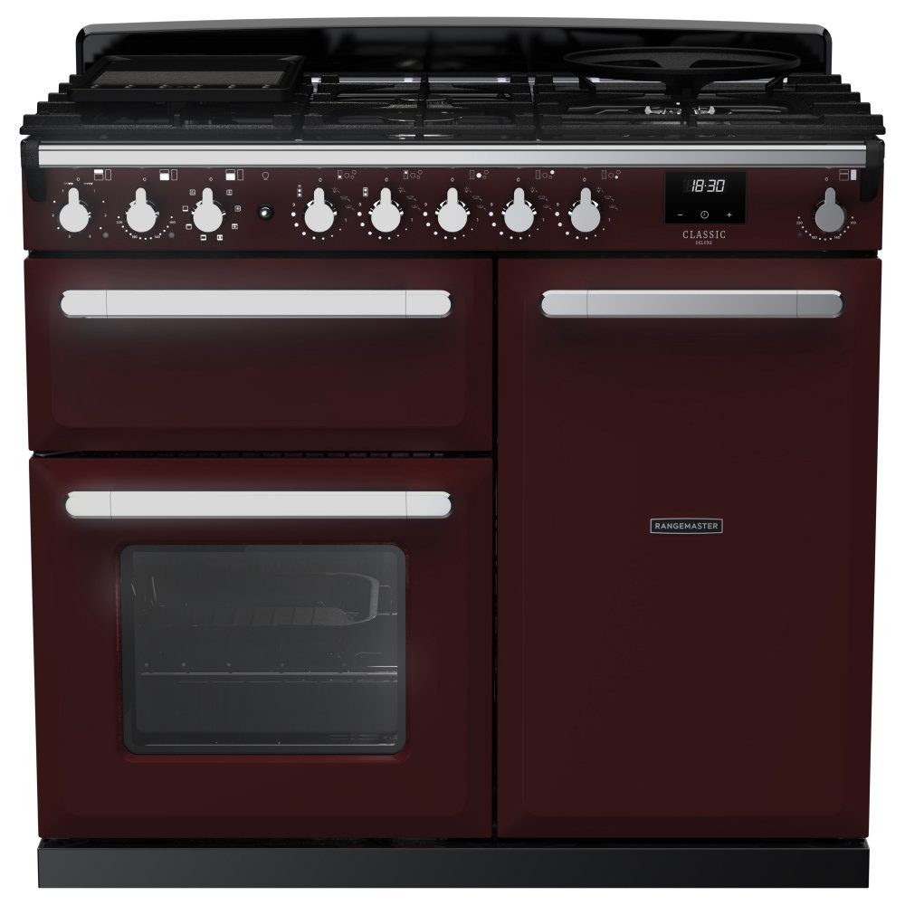 Rangemaster  Estel Deluxe 100cm Dual Fuel Range Cooker With Chrome Trim 15081 ESDL100DFPBOR/CM1 - Bordeaux