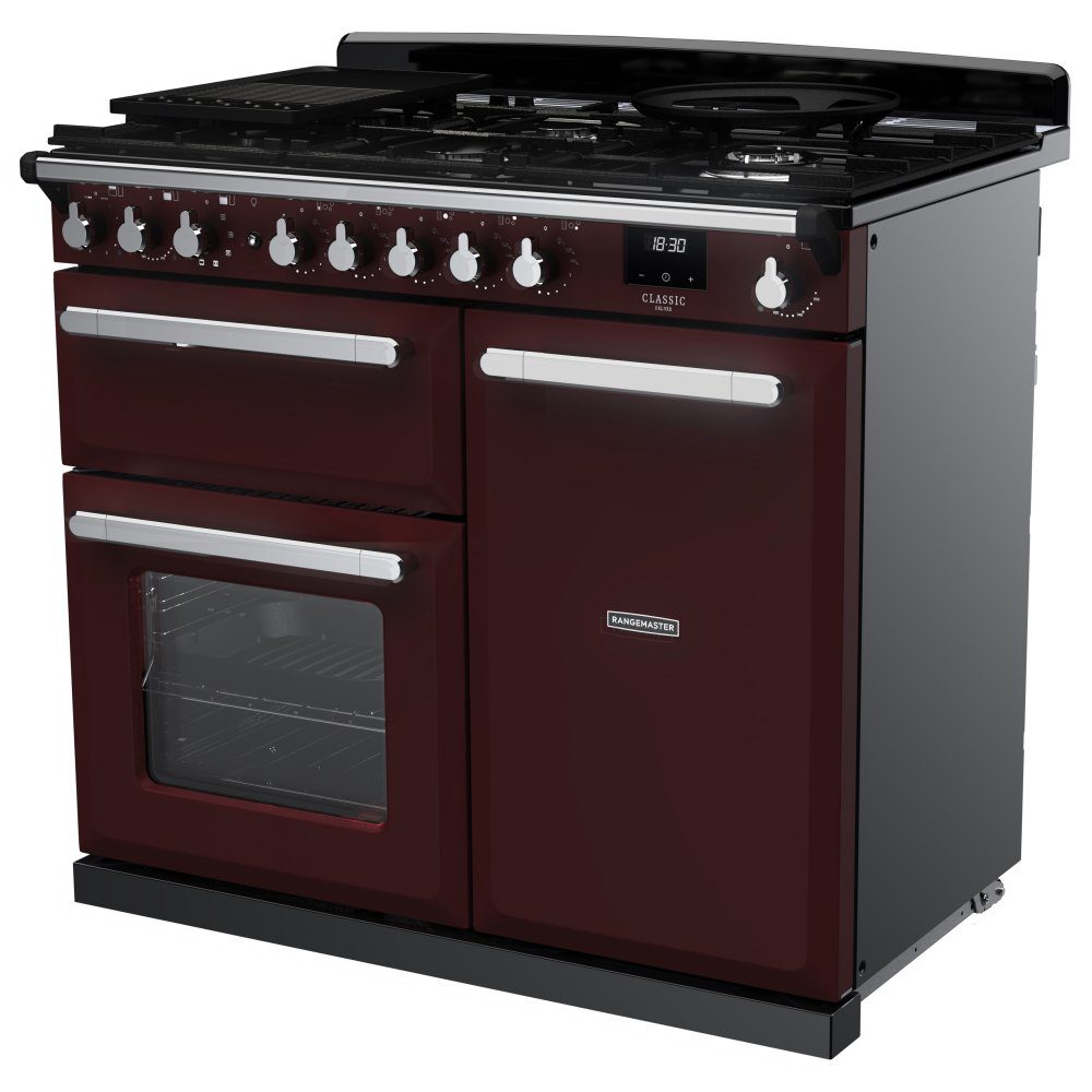 Rangemaster Estel Deluxe 100cm Dual Fuel Range Cooker With Chrome Trim 15081 ESDL100DFPBOR/CM1 - Bordeaux Rangemaster Estel Deluxe 100cm Dual Fuel Range Cooker With Chrome Trim 15081 ESDL100DFPBOR/CM1 - Bordeaux