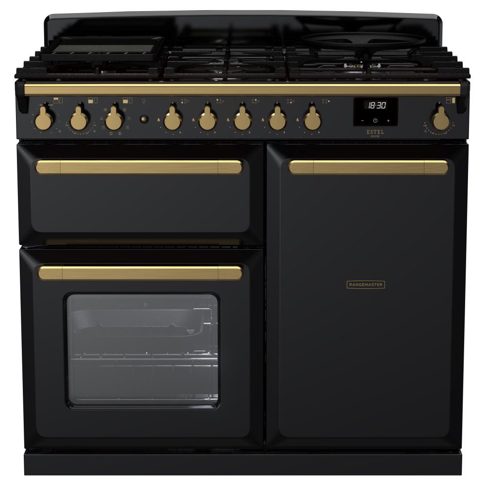 Rangemaster  Estel Deluxe 100cm Dual Fuel Range Cooker With Antique Brass Trim 18074 ESDL100DFPGBL/AB1 - Black
