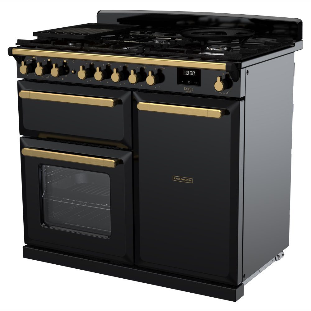 Rangemaster Estel Deluxe 100cm Dual Fuel Range Cooker With Antique Brass Trim 18074 ESDL100DFPGBL/AB1 - Black Rangemaster Estel Deluxe 100cm Dual Fuel Range Cooker With Antique Brass Trim 18074 ESDL100DFPGBL/AB1 - Black