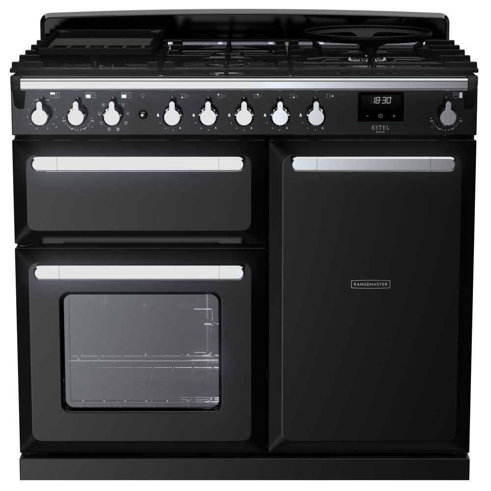 Rangemaster  Estel Deluxe 100cm Dual Fuel Range Cooker With Chrome Trim 15078 ESDL100DFPGBL/CM1 - Black