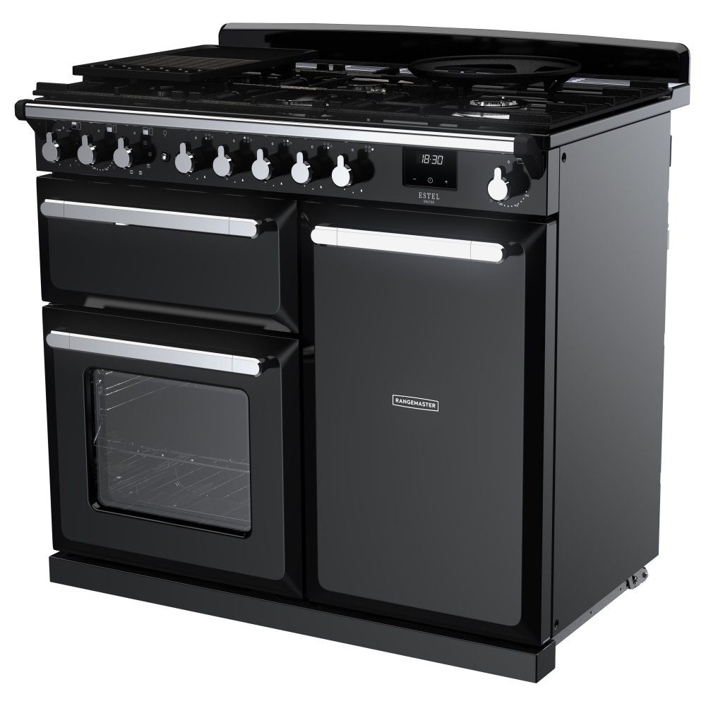 Rangemaster Estel Deluxe 100cm Dual Fuel Range Cooker With Chrome Trim 15078 ESDL100DFPGBL/CM1 - Black Rangemaster Estel Deluxe 100cm Dual Fuel Range Cooker With Chrome Trim 15078 ESDL100DFPGBL/CM1 - Black