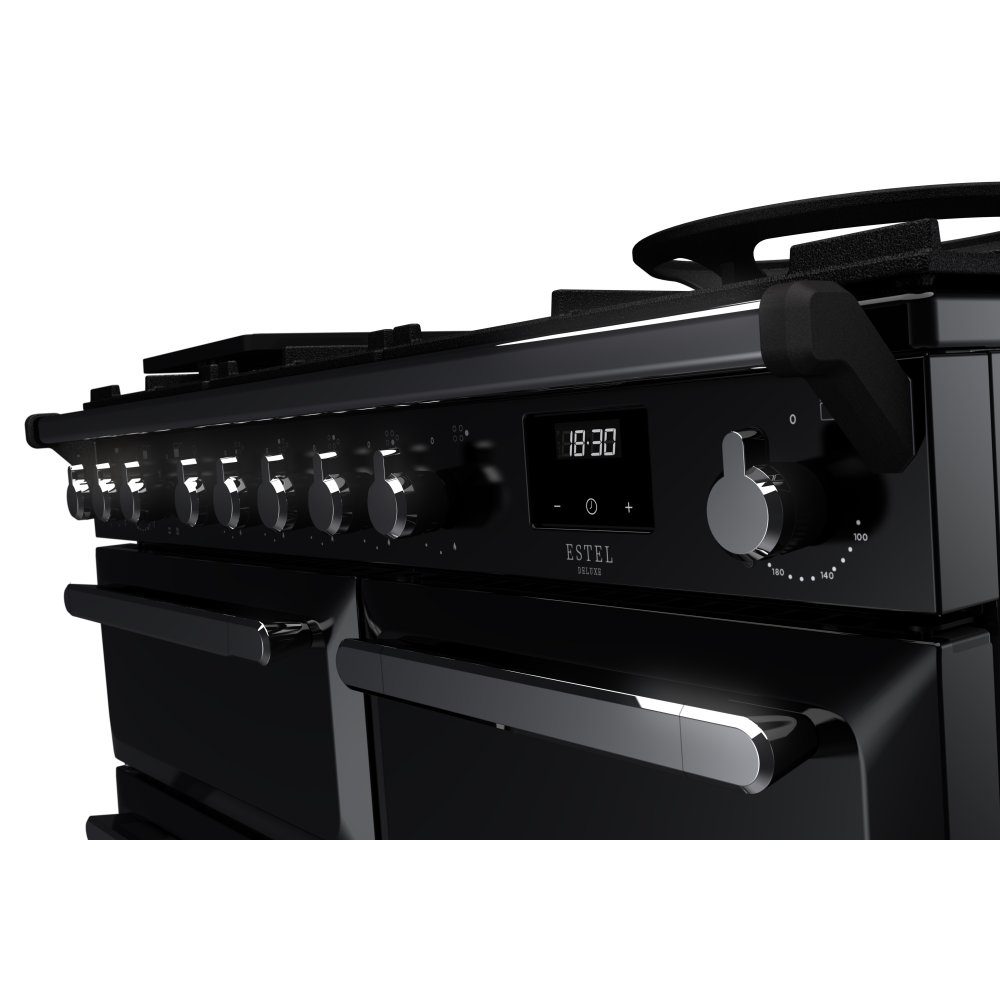 Rangemaster Estel Deluxe 100cm Dual Fuel Range Cooker With Chrome Trim 15078 ESDL100DFPGBL/CM1 - Black Rangemaster Estel Deluxe 100cm Dual Fuel Range Cooker With Chrome Trim 15078 ESDL100DFPGBL/CM1 - Black