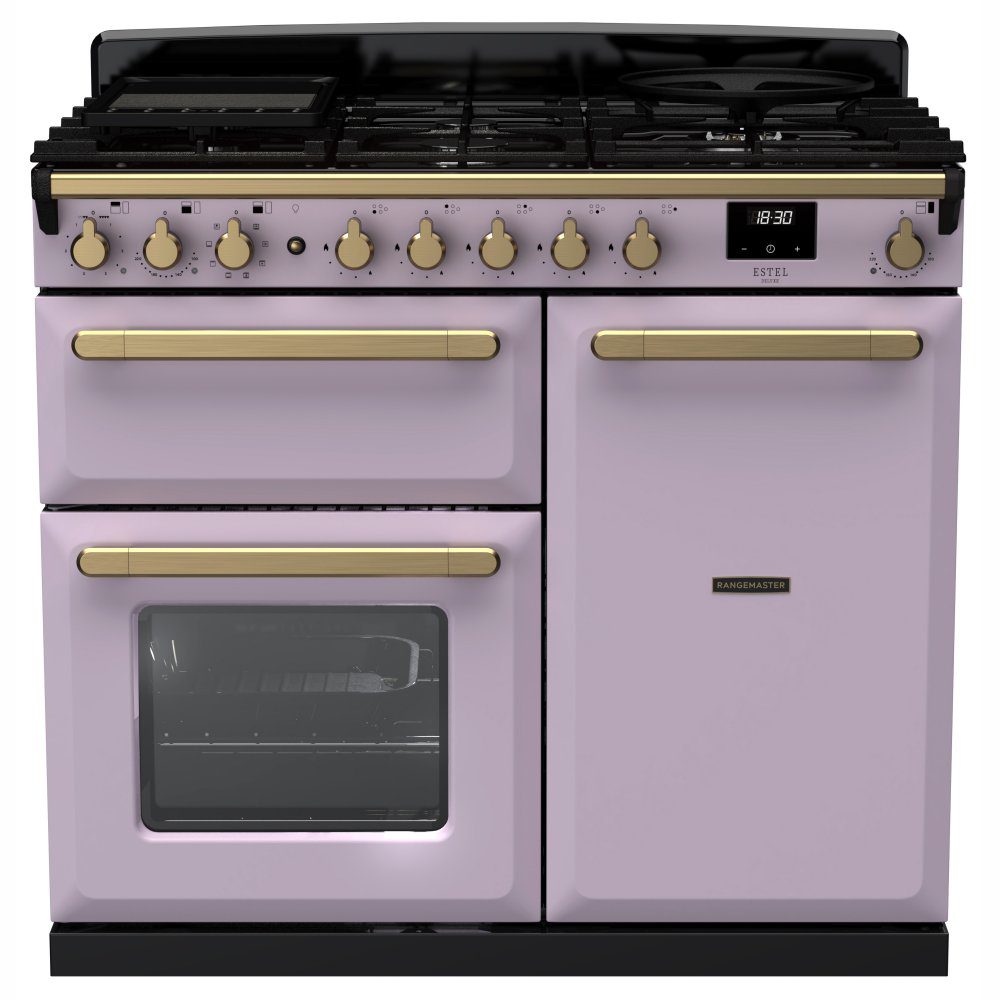 Rangemaster  Estel Deluxe 100cm Dual Fuel Range Cooker With Antique Brass Trim 18233 ESDL100DFPHTH/AB1 - Heather