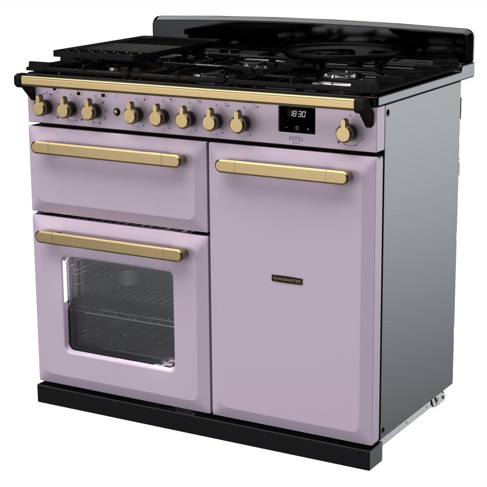 Rangemaster Estel Deluxe 100cm Dual Fuel Range Cooker With Antique Brass Trim 18233 ESDL100DFPHTH/AB1 - Heather Rangemaster Estel Deluxe 100cm Dual Fuel Range Cooker With Antique Brass Trim 18233 ESDL100DFPHTH/AB1 - Heather