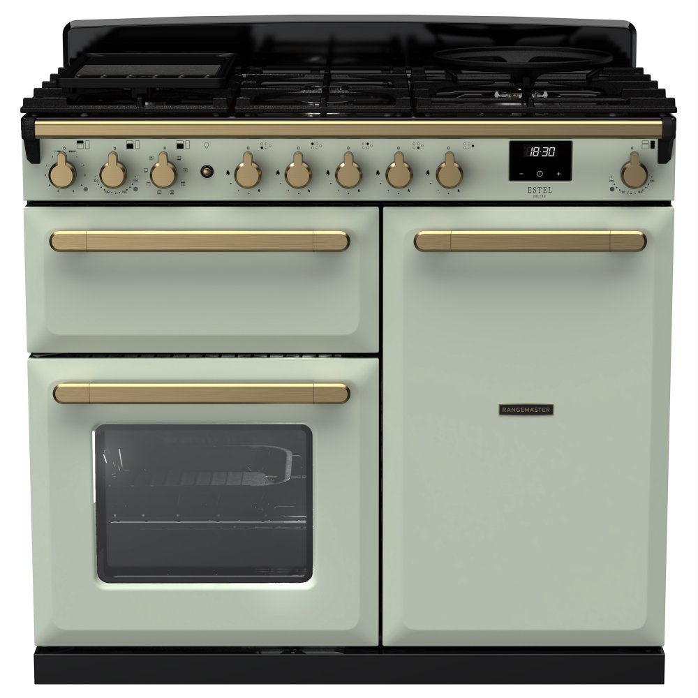Rangemaster  Estel Deluxe 100cm Dual Fuel Range Cooker With Antique Brass Trim 18080 ESDL100DFPMNT/AB1 - Mint