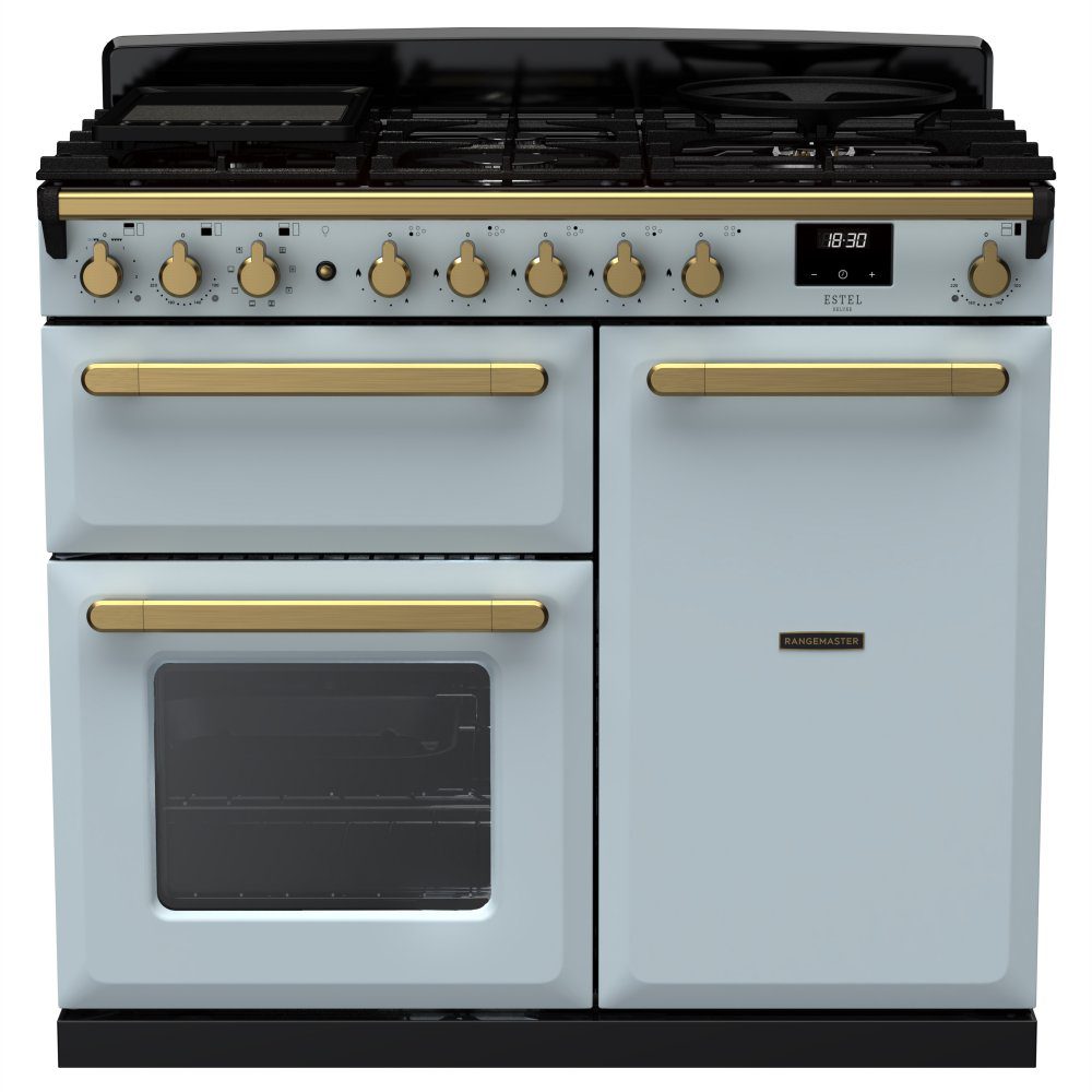 Rangemaster  Estel Deluxe 100cm Dual Fuel Range Cooker With Antique Brass Trim 18078 ESDL100DFPMSB/AB1 - Misty Blue