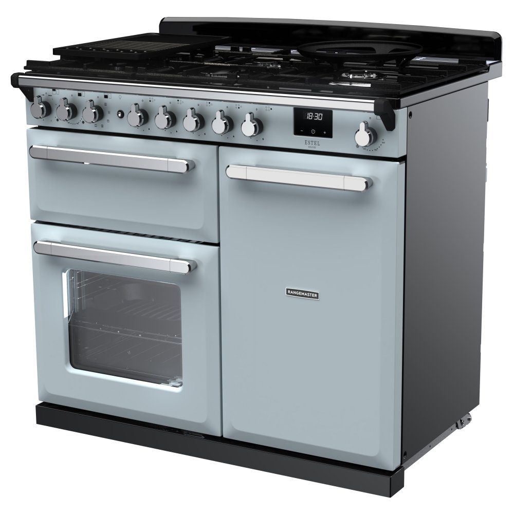 Rangemaster Estel Deluxe 100cm Dual Fuel Range Cooker With Chrome Trim 15083 ESDL100DFPMSB/CM1 - Misty Blue Rangemaster Estel Deluxe 100cm Dual Fuel Range Cooker With Chrome Trim 15083 ESDL100DFPMSB/CM1 - Misty Blue