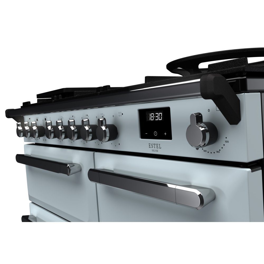 Rangemaster Estel Deluxe 100cm Dual Fuel Range Cooker With Chrome Trim 15083 ESDL100DFPMSB/CM1 - Misty Blue Rangemaster Estel Deluxe 100cm Dual Fuel Range Cooker With Chrome Trim 15083 ESDL100DFPMSB/CM1 - Misty Blue