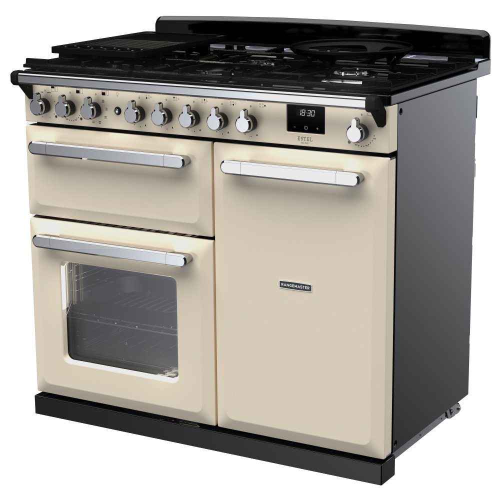 Rangemaster Estel Deluxe 100cm Dual Fuel Range Cooker With Chrome Trim 15080 ESDL100DFPPCR/CM1 - Pale Cream Rangemaster Estel Deluxe 100cm Dual Fuel Range Cooker With Chrome Trim 15080 ESDL100DFPPCR/CM1 - Pale Cream