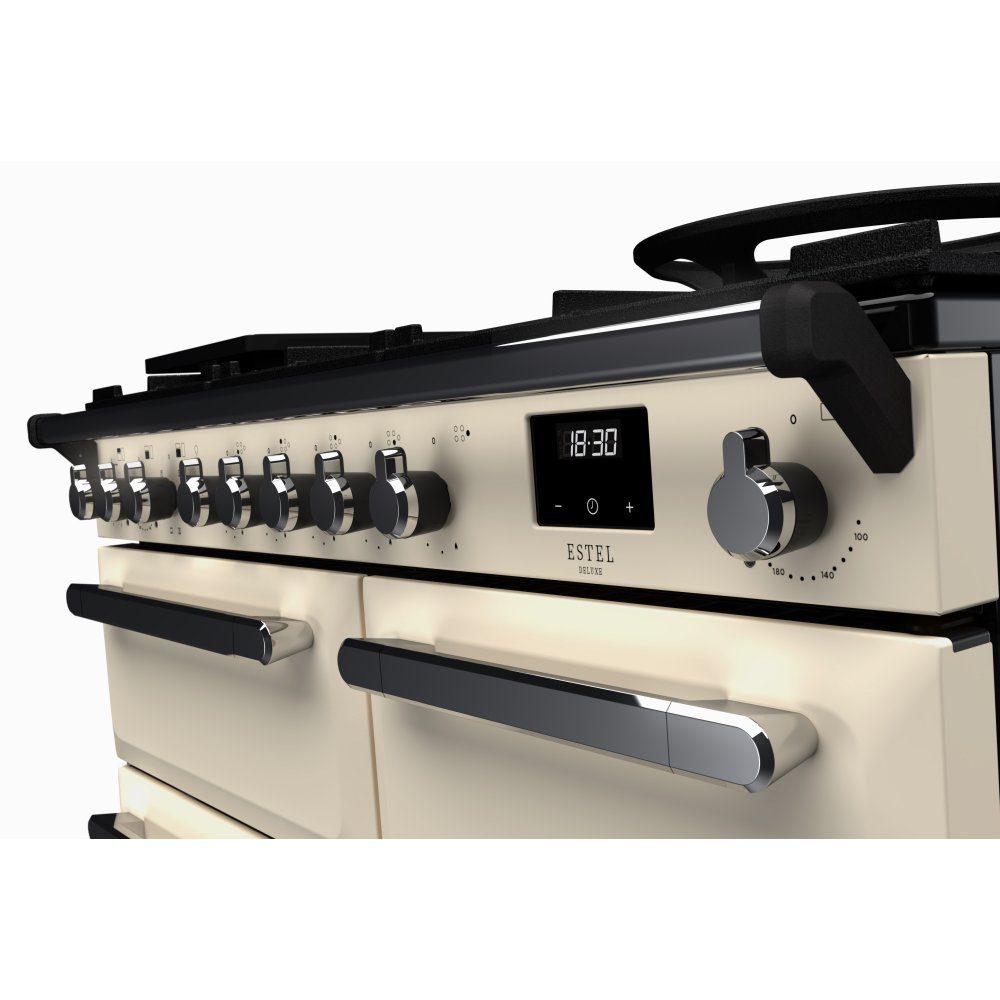 Rangemaster Estel Deluxe 100cm Dual Fuel Range Cooker With Chrome Trim 15080 ESDL100DFPPCR/CM1 - Pale Cream Rangemaster Estel Deluxe 100cm Dual Fuel Range Cooker With Chrome Trim 15080 ESDL100DFPPCR/CM1 - Pale Cream