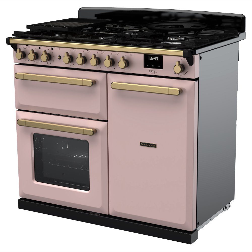 Rangemaster Estel Deluxe 100cm Dual Fuel Range Cooker With Antique Brass Trim 18079 ESDL100DFPPPK/AB1 - Pale Pink Rangemaster Estel Deluxe 100cm Dual Fuel Range Cooker With Antique Brass Trim 18079 ESDL100DFPPPK/AB1 - Pale Pink