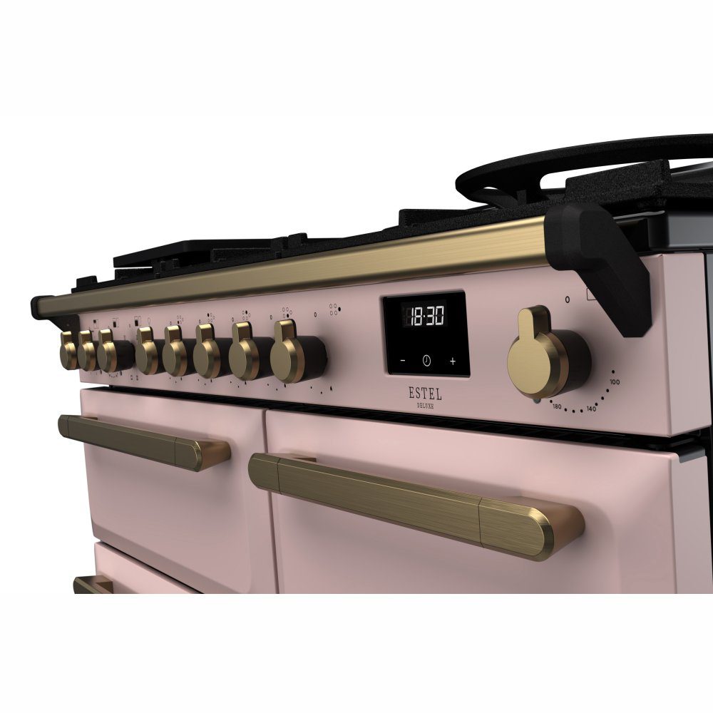 Rangemaster Estel Deluxe 100cm Dual Fuel Range Cooker With Antique Brass Trim 18079 ESDL100DFPPPK/AB1 - Pale Pink Rangemaster Estel Deluxe 100cm Dual Fuel Range Cooker With Antique Brass Trim 18079 ESDL100DFPPPK/AB1 - Pale Pink